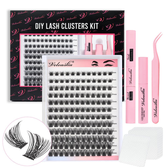 Veleasha Wispy Lash Clusters Kit 144PCS DIY Eylash Extension Kit Eyelash Cluster Cluster Lashes D Curl Cluster Eyelash Extension with Lash Bond and Seal DIY at Home for Beginners(PinkSnow Kit-8-16mm)