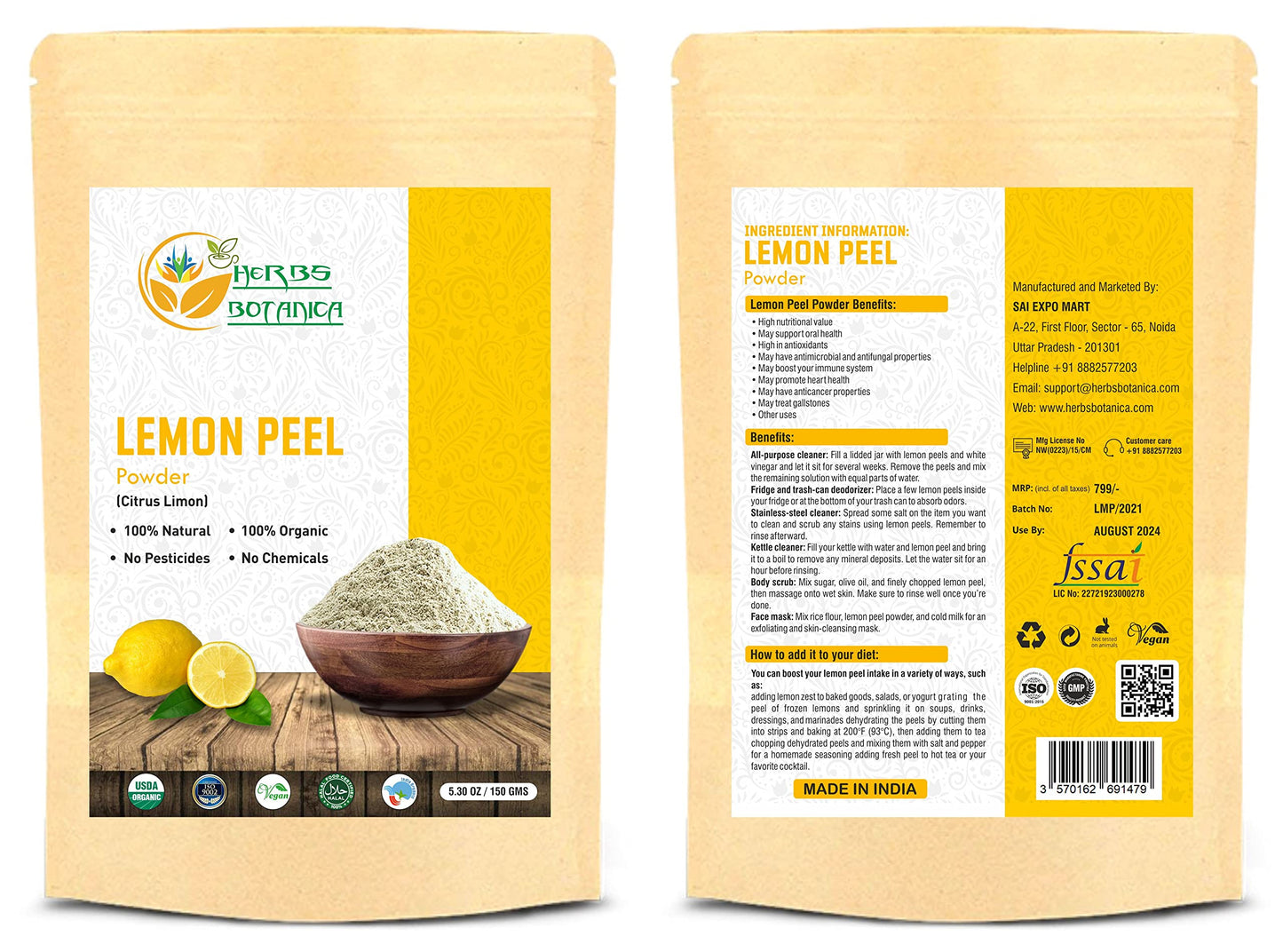 Herbs Botanica Organic Lemon Peel Powder Citrus Peel Organic 5.3 oz /150 gms 100% Natural | Anti Tan Face Mask, Face Pack