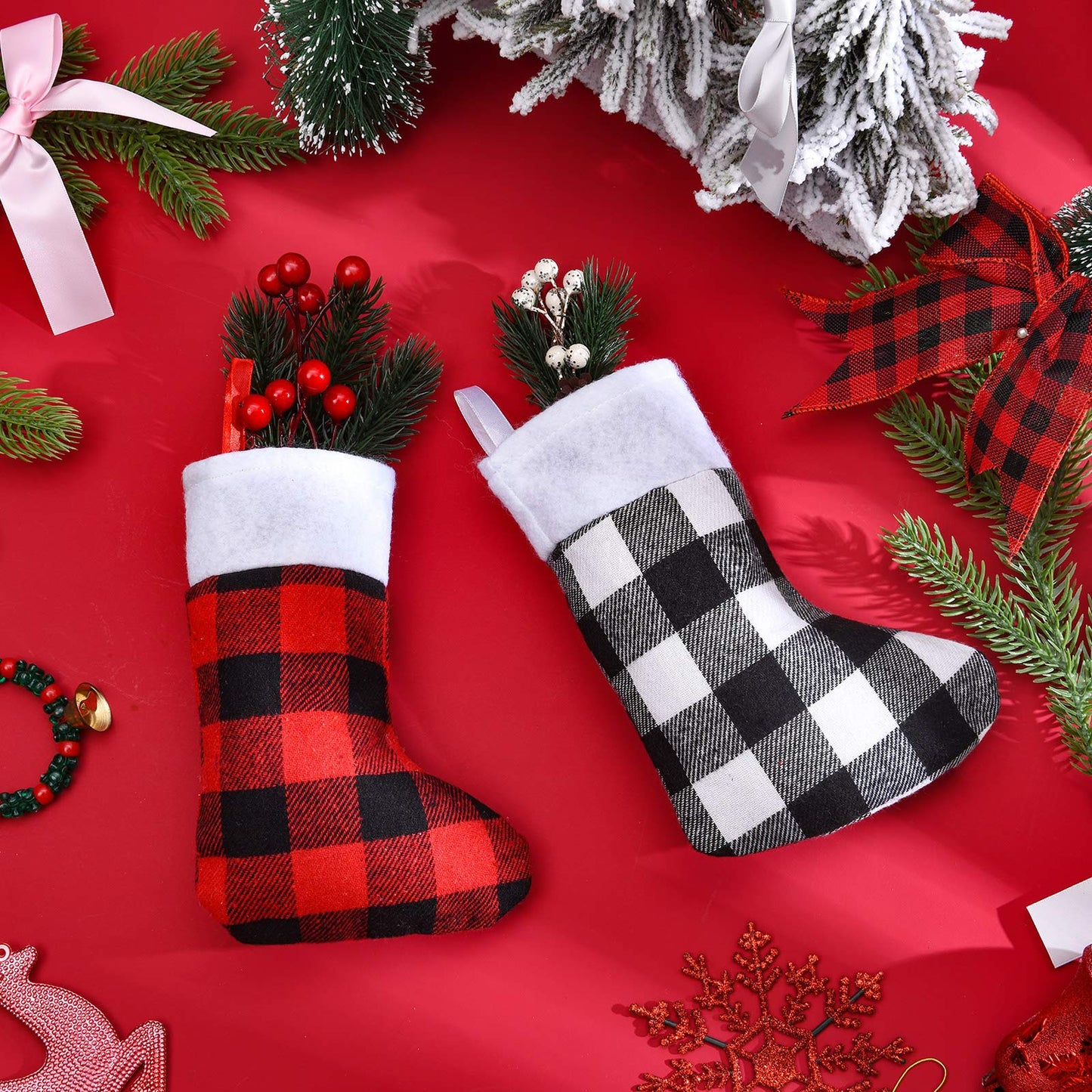 Skylety 24 Pcs Christmas Stockings in Bulk Plush Cuff Small Xmas Buffalo Plaid Stocking Rustic Fireplace Socks Traditional Stockings for Christmas Holiday Party Decor (Red Black, Black White,Plaid)