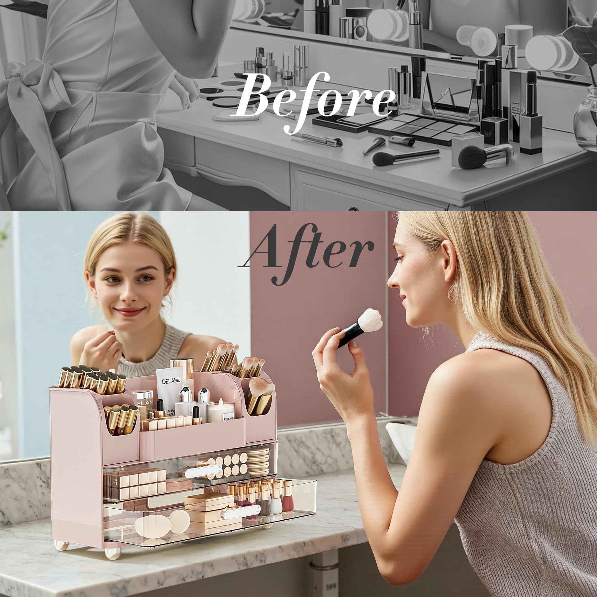 Delamu Makeup Organizer Countertop with 6 Brush Holder, Bathroom Countertop Organizer with 2 Large Drawers, Cosmetic Display Case for Vanity, Ideal Christmas Gifts for Women Girls, Pink