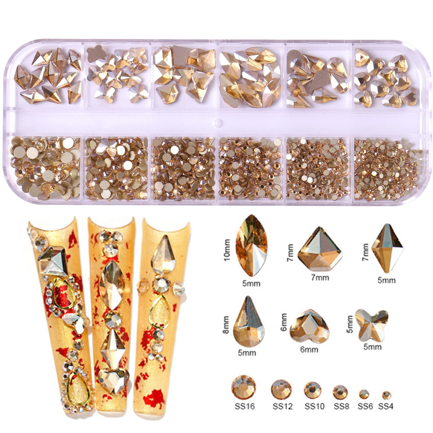 NAISKA 810Pcs Champagne Gold Crystal Nail Arts Rhinestones Round Beads Flatback Glass Gems Stones Multi Shapes Sizes Rhinestones Nail Crystals for Nail DIY Crafts