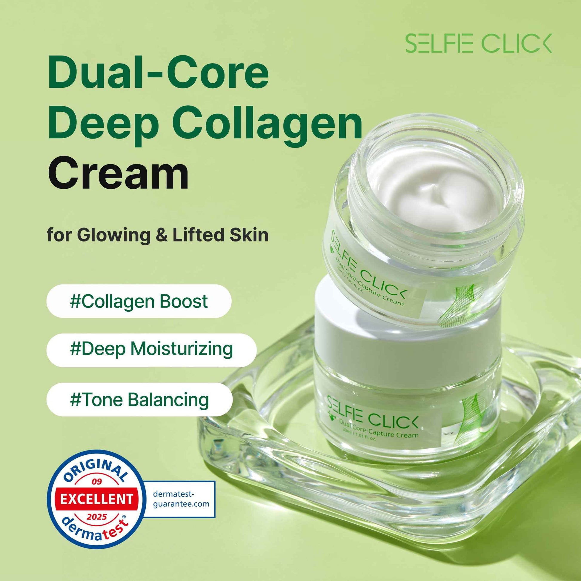 SELFIE CLICK Dual Core Deep Collagen Cream, Niacinamide, Ceramide & Hydrolyzed Collagen for Glowing & Lifted Skin, Hydrating & Firming Moisturizer, Korean Skin Care (1.01 Fl Oz / 30ml)