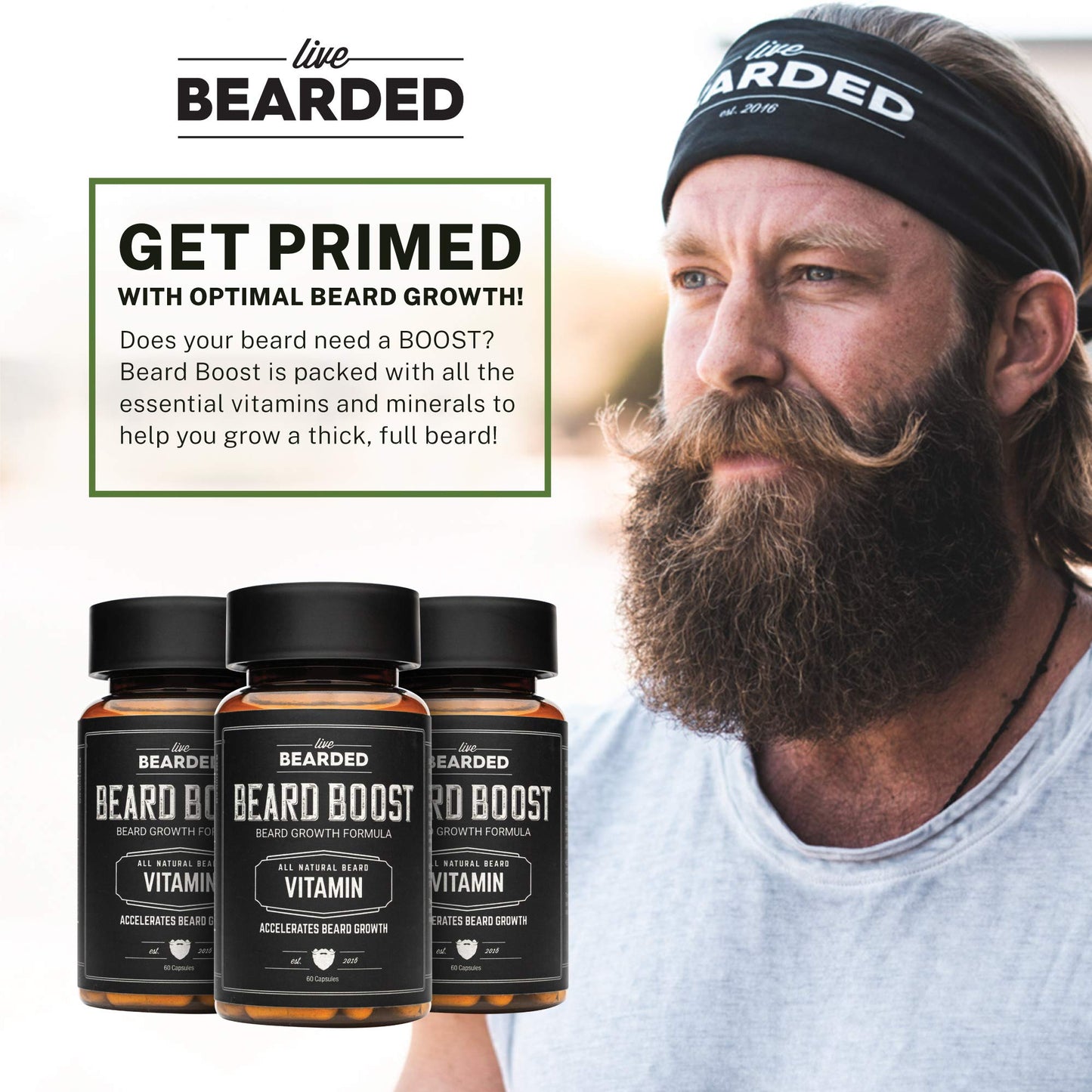 Live Bearded: Beard Boost - Beard Hair Growth Multivitamins with Biotin 10,000mcg, Vitamin C, Vitamin E and Zinc - 30-Day Supply - Thick, Strong, Full Beard Growth Support - Made in The USA