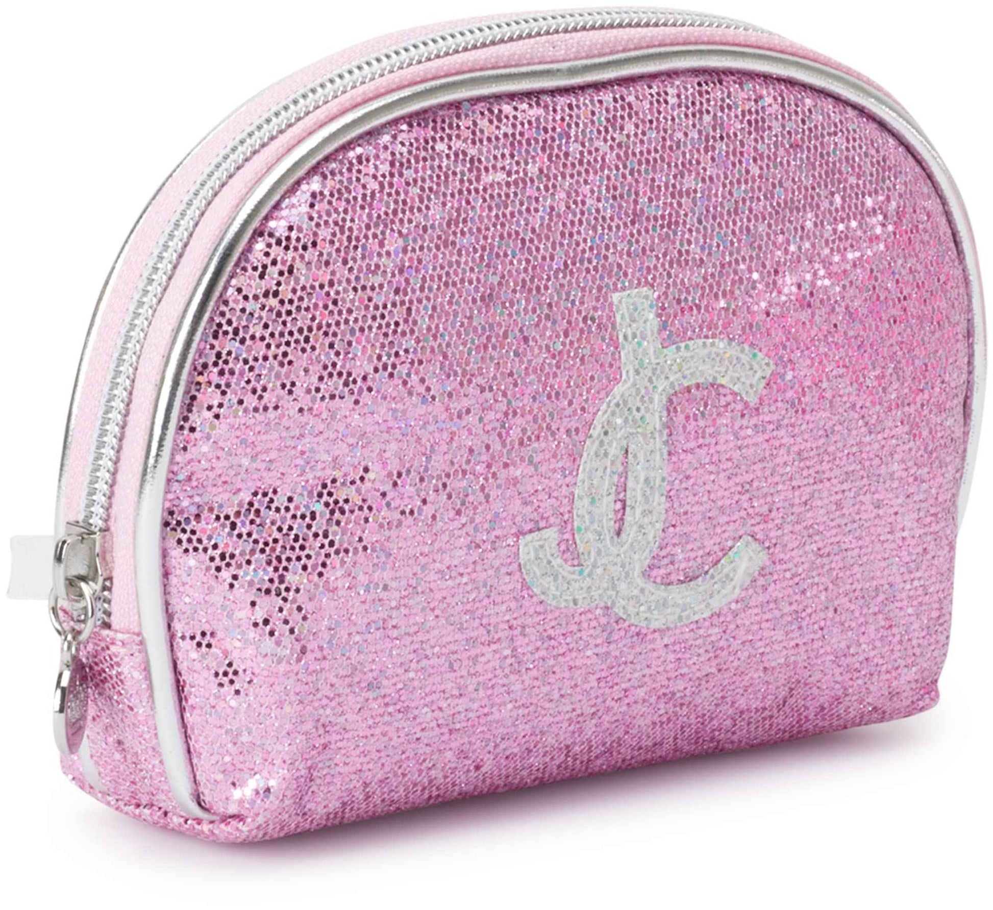 Juicy Couture Silver Pink Makeup Bag Cosmetics Organizer Travel Essentials Clutch Coin Purse Three Piece Set Shiny Glitter