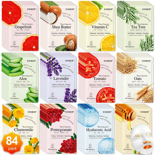 KONEUK 84 Pack Collagen Face Masks Skincare for Women, Hydrating and Moisturizing Sheet Face Masks for Women Skin Care, Face Mask Gifts Set for Spa Party, Bulk Facial Masks Suitable for All Skin Types