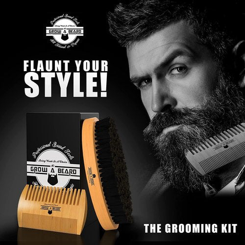 Beard Straightener Grooming Kit for Men, Beard Growth Kit, Beard Wash, Brush & Comb, Unscented Growth Oil, All Natural Chanel Balm, Conditioner, Razor & Scissors, Great Gift Idea for Men's (Bamboo)