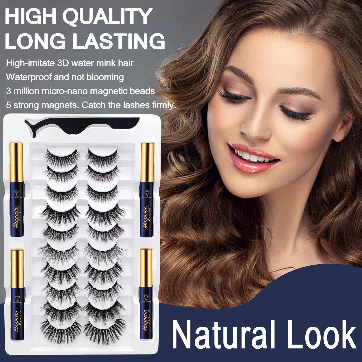 7C SevenCrown Magnetic Eyelashes with Eyeliner Kit - Magnetic Lashes Natural Looking,Upgraded Long Lasting,10 Pairs 3D Reusable 5 Magnet False Eyelashes with Applicator, Easy to Apply.