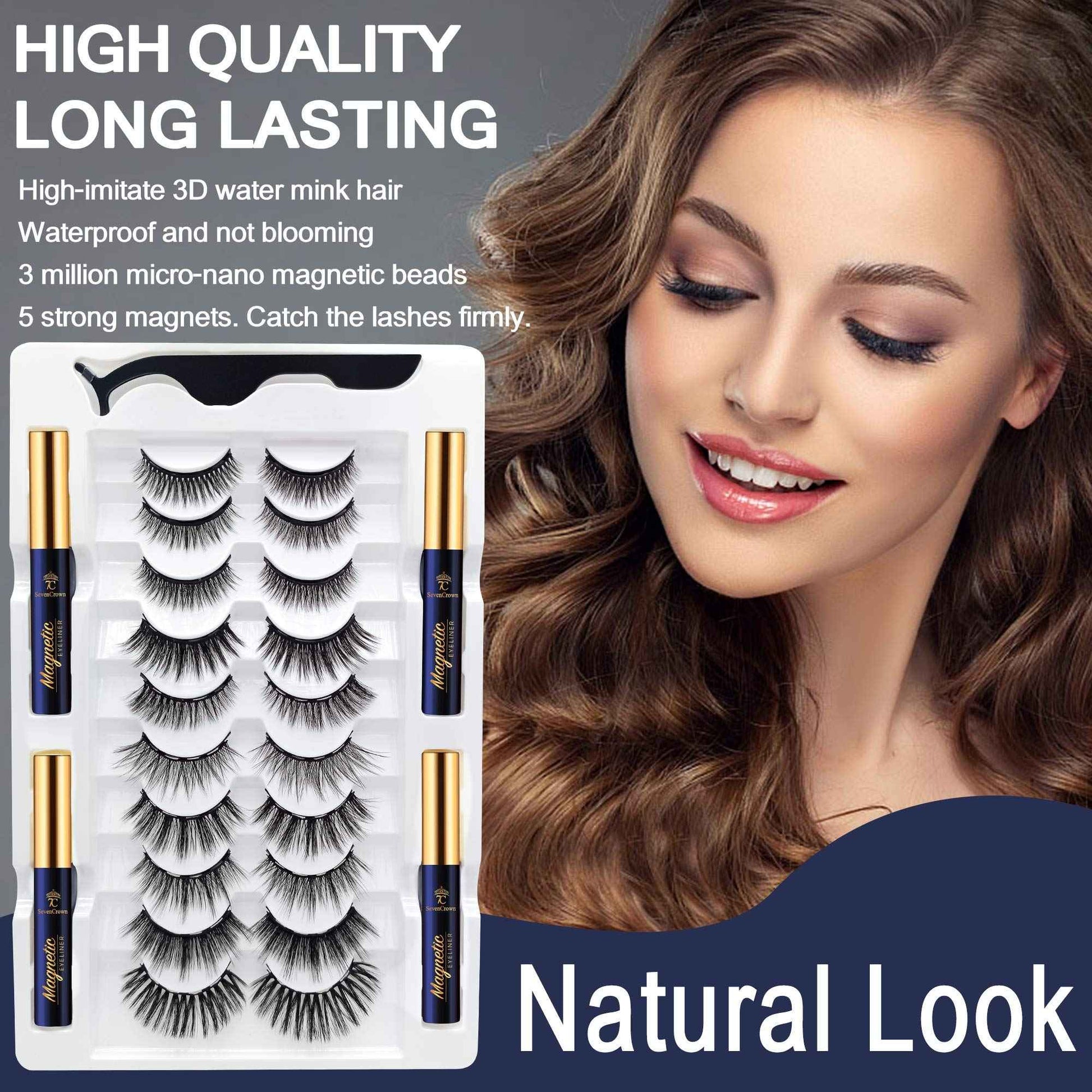 7C SevenCrown Magnetic Eyelashes with Eyeliner Kit - Magnetic Lashes Natural Looking,Upgraded Long Lasting,10 Pairs 3D Reusable 5 Magnet False Eyelashes with Applicator, Easy to Apply.
