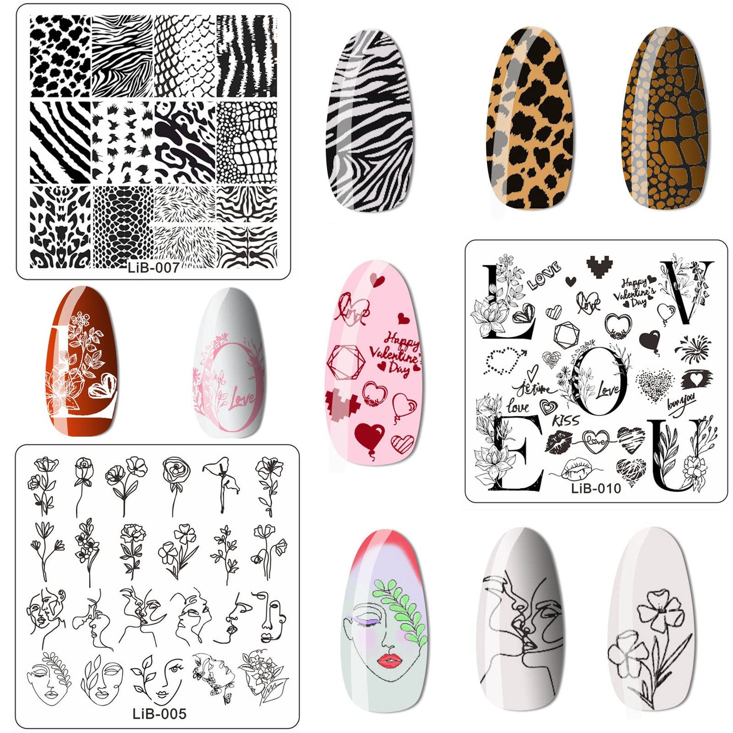 LiBiuty Nail Art Stamping Plate Kit, 12PCS Stamp Stencil Plates with Different Image Flower Leaves Animal Lace Pattern, 1 Silicone Double Sided Clear Stamper, 1 Scraper, 1 Template Storage Bag