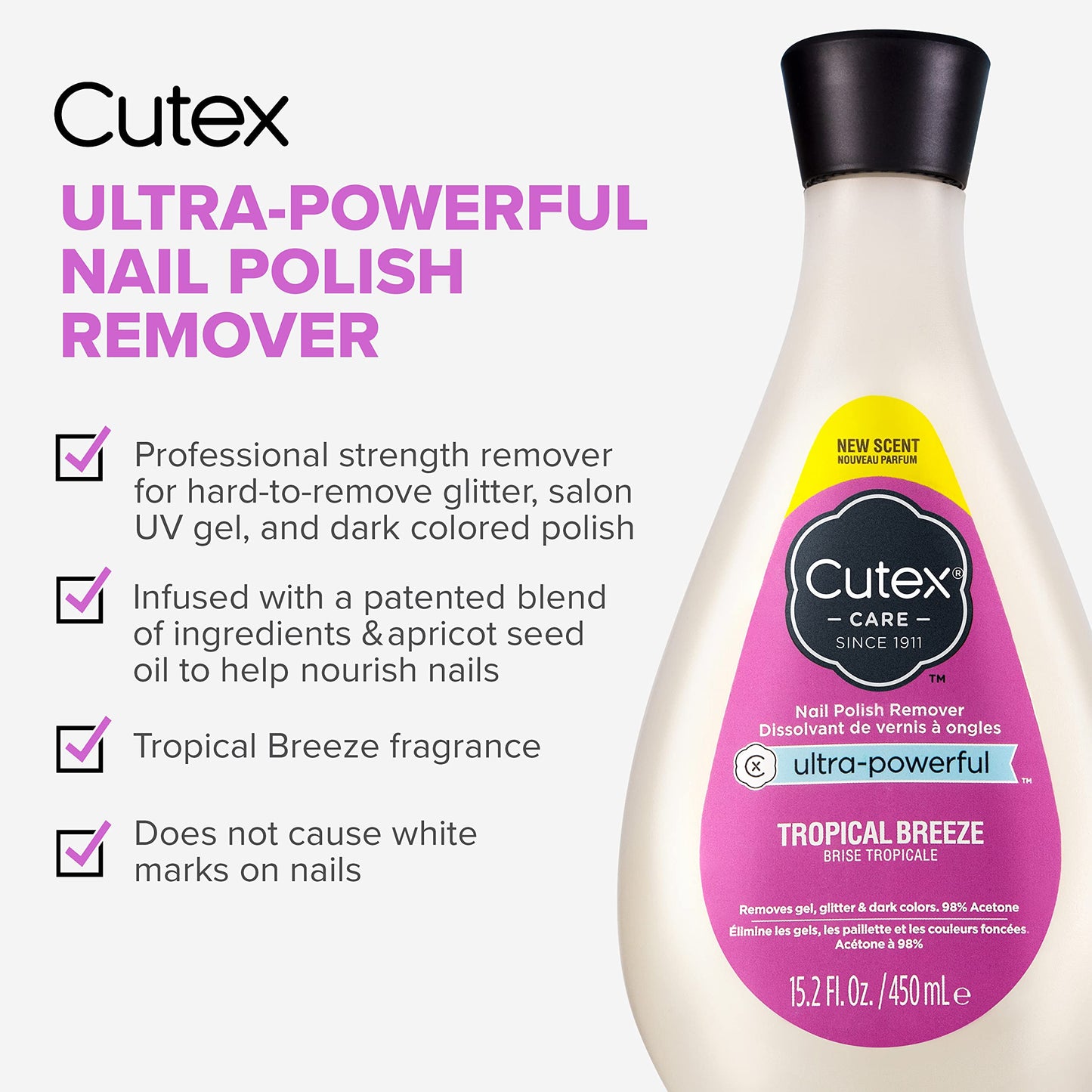 Cutex Gel Nail Polish Remover, Ultra-Powerful & Removes Glitter and Dark Colored Paints, Tropical Breeze Scent, 15.2 Fl Oz