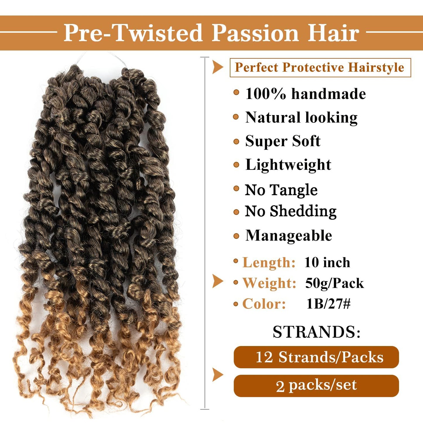 Passion Twist Crochet Hair 10 Inch Prelooped Crochet Hair for Black Women, Short Pre Twisted Passion Twist Crochet Hair Synthetic Passion Twist Braiding Hair Extension (10 Inch, 1B/27#)