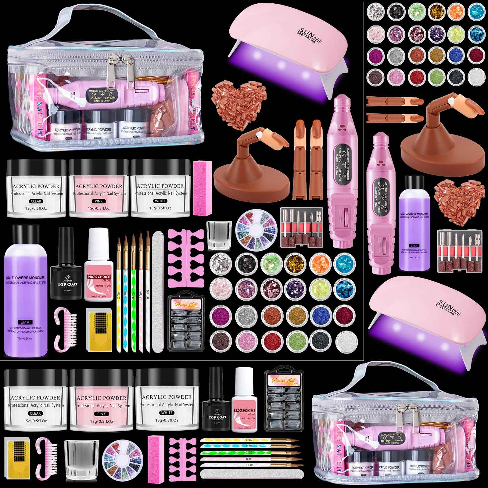 Nail Kit for Beginners with Everything: Professional Nail Acrylic Powder Liquid Set with Practice Finger Drill U V Light in Makeup Bag for Women Salon Home (Silver)