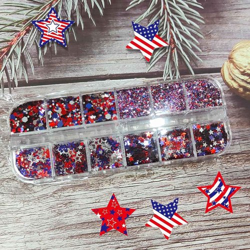 4th of July Nail Art Glitter Powder 3D Holographic Independence Day Nail Art Flakes Sequins Hollow Out Star Hexagon Design American Flag Nail Powder 4th of July Glitter Makeup DIY Manicure Decoration