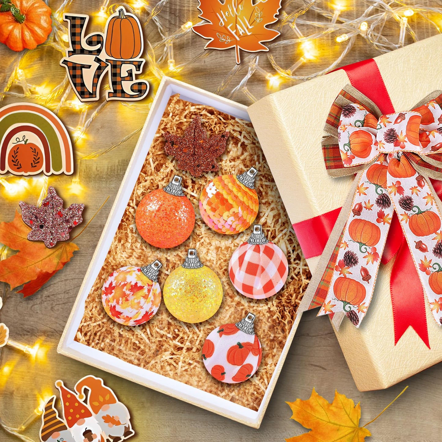 44 Pcs Fall Thanksgiving Day Decorations Fall Thanksgiving Day Tree Ornaments Tree Topper Fall Wooden Hanging Ornaments with Bow and Ribbon for Fall Thanksgiving Day Holiday Party Tree Hanging Decor