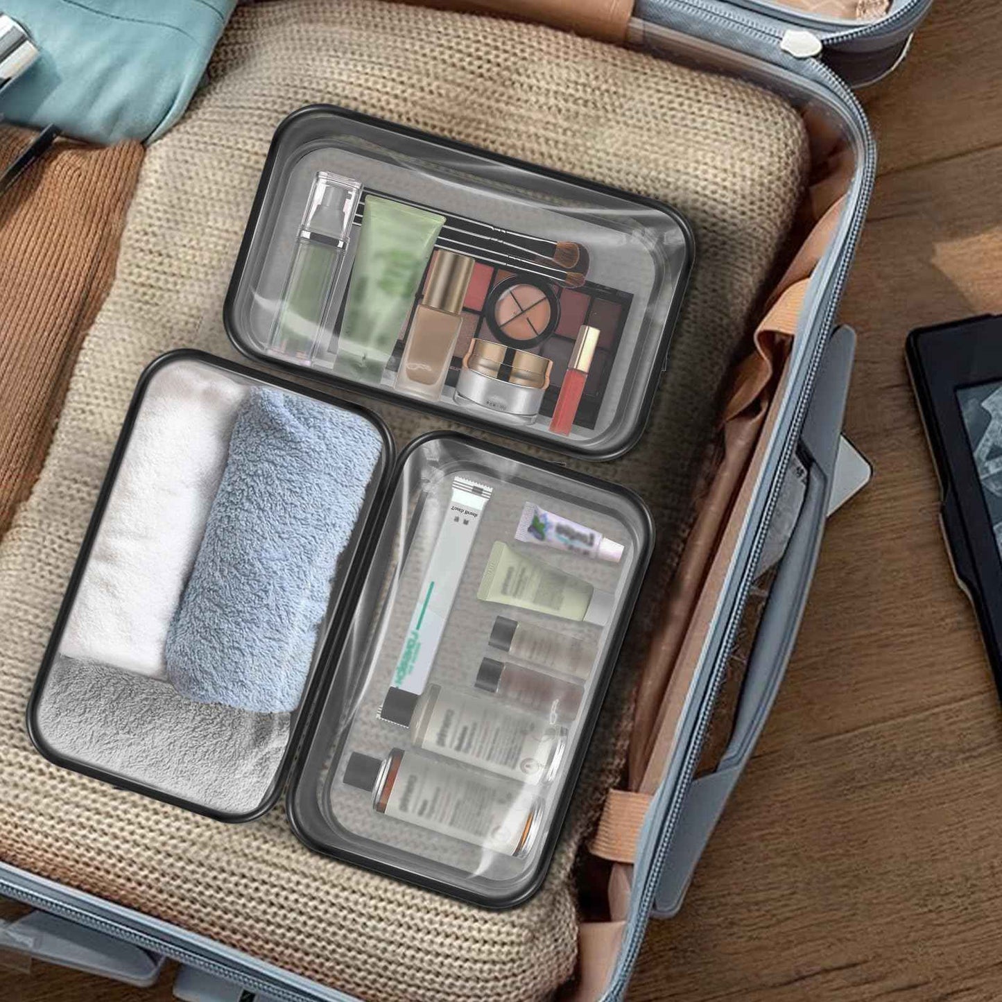 GONITYOU 16 Pieces Clear Makeup Bags Bulk, TSA Approved Toiletry Bags Travel Pouch, Waterproof PVC Plastic Small Clear Cosmetic Bags with Zipper for Organizing (Black Border)