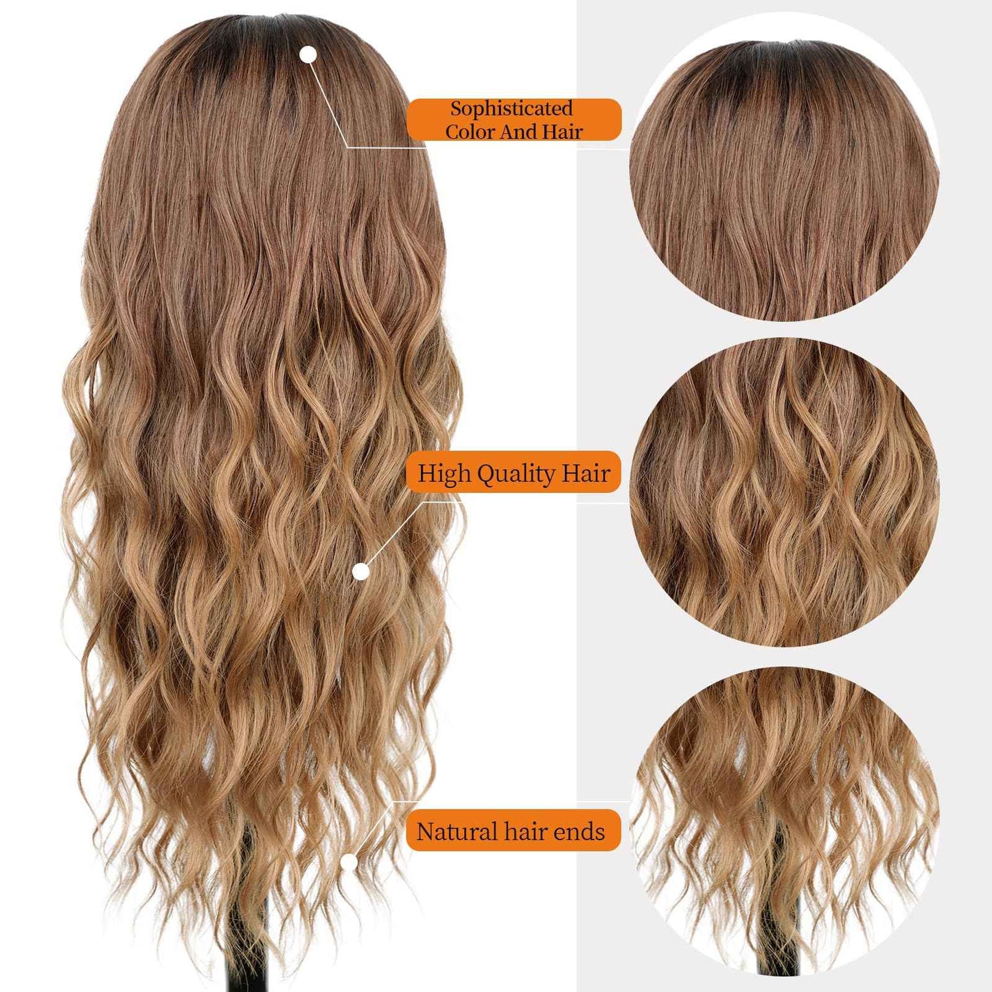 Nnzes Long Ombre Brown Gold Mixed Honey Blonde Wavy Wig 4x1 Lace Natural Hairline Middle Part Curly Heat-Resistant Synthetic Fiber for Women & Beginners Daily Party Use 26In
