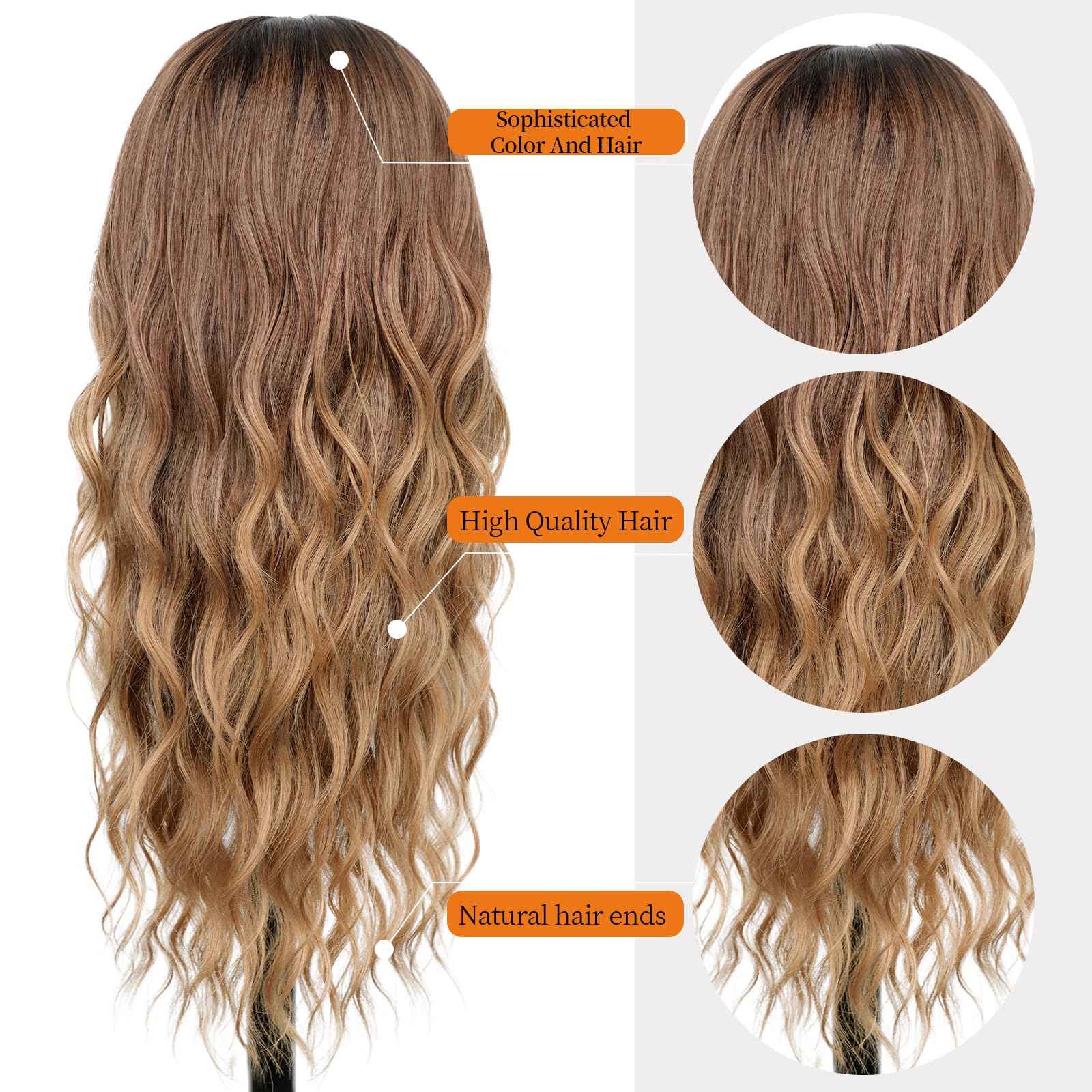 Nnzes Long Ombre Brown Gold Mixed Honey Blonde Wavy Wig 4x1 Lace Natural Hairline Middle Part Curly Heat-Resistant Synthetic Fiber for Women & Beginners Daily Party Use 26In