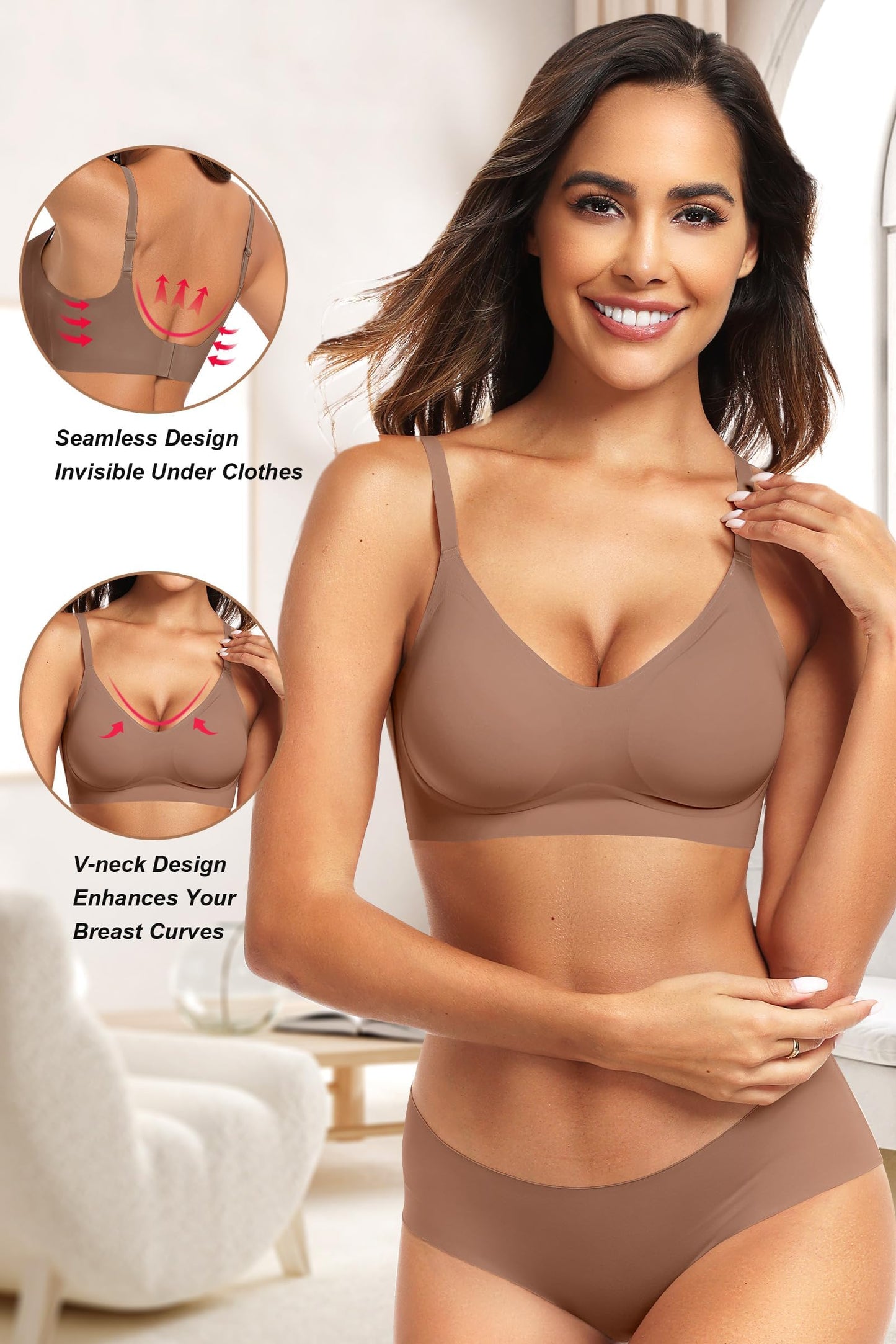 Vertvie Womens Seamless Bra No Underwire Comfort Push Up Bras Buttery Soft Wireless Bralette Full Coverage Sport Everyday Bra(Coffee,Small)