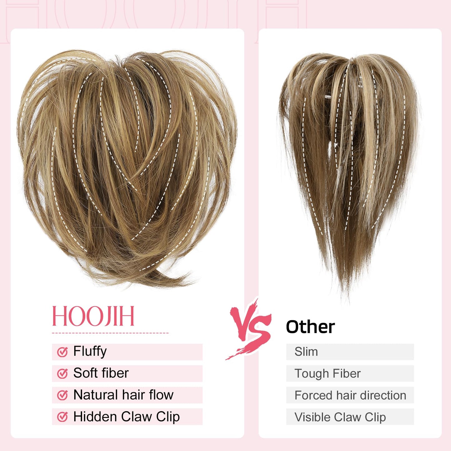 HOOJIH Messy Bun Hair Piece, Claw Clip in Straight Hair Bun 9 Inch Short Ponytail Extension with Bendable Metal Wire Hair Pieces for Women Fake Pony DIY Styles - Medium Brown with Blonde Highlights