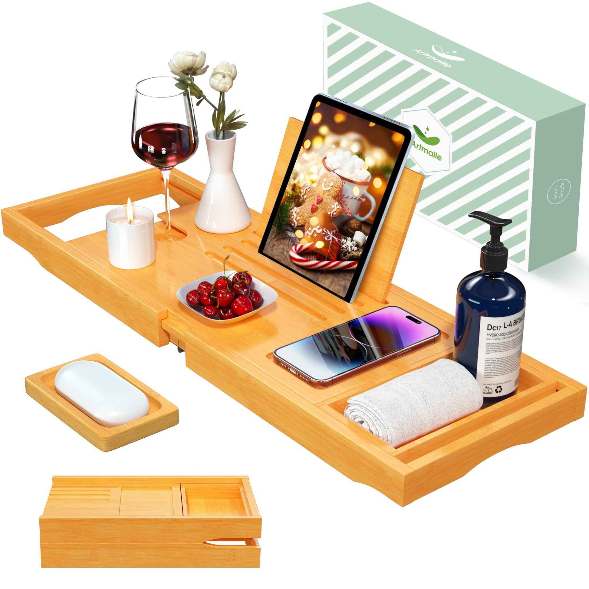 Artmalle Foldable Bathtub Tray for Tub, Bamboo Bathtub Caddy Tray Table with Book Stand for Luxury Bath, Bathroom Accessories for Women Men with Free Soap Dish (Semi-Simple, Natural) (Natural)