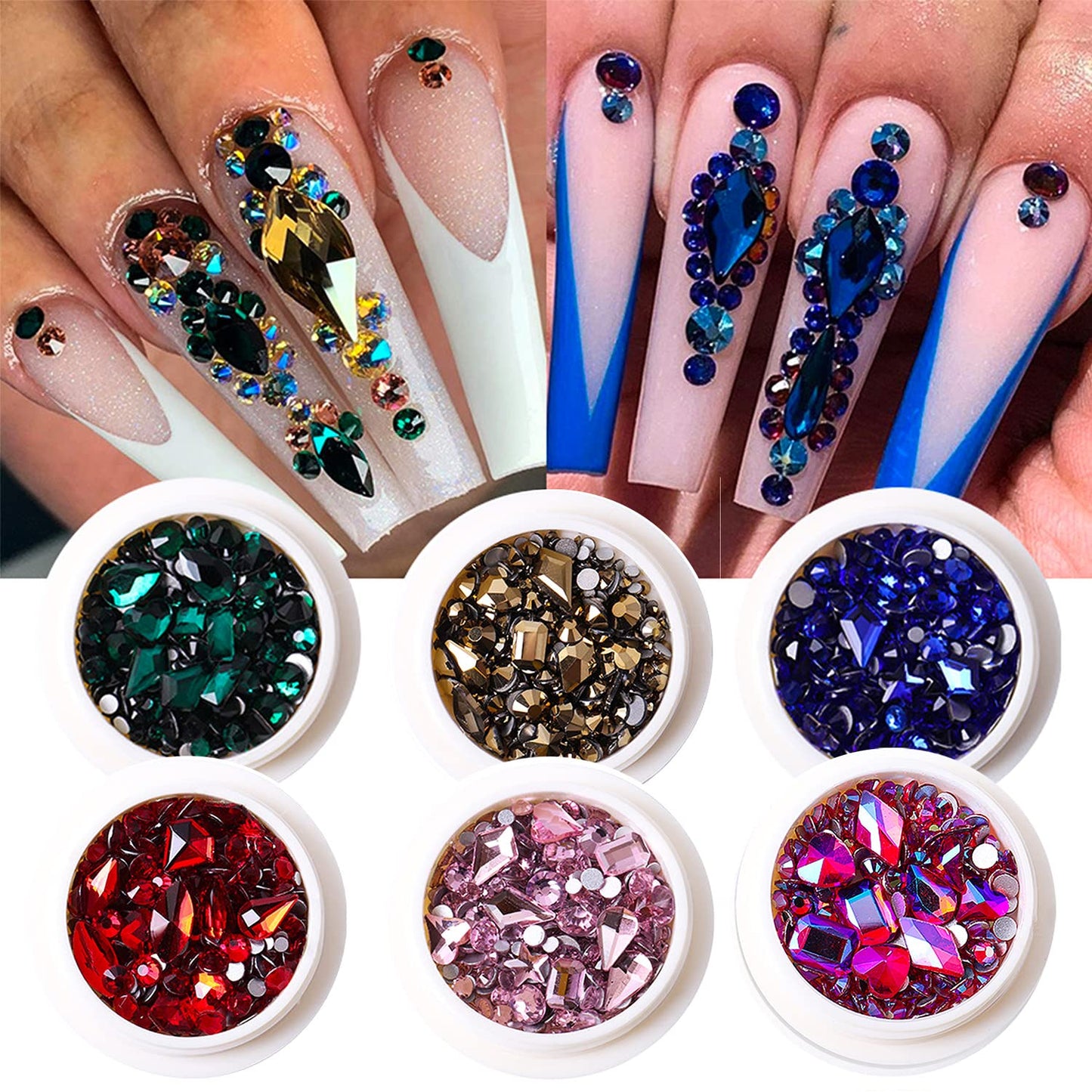 JERCLITY 8 Boxes Green Blue Gold Rose AB Lake Blue Montana Red Pink Nail Rhinestones for Nails Multi Shaped Sized Nail Crystals Gems Stones Rhinestones for Nail DIY Crafts Clothes Shoes Jewelry