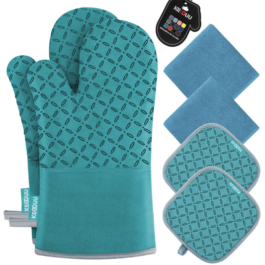 KEGOUU Oven Mitts and Pot Holders 6pcs Set, Kitchen Oven Glove High Heat Resistant 500 Degree Extra Long Oven Mitts and Potholder with Non-Slip Silicone Surface for Cooking (Lake Blue)