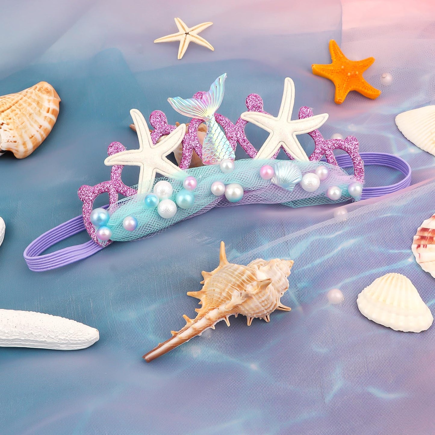 GAFATORY Purple Baby Elastic Headband with Pearl Seashell Starfish Headbands with Veil Fishtails Soft Headwrap Newborn Hair Band Children Hair Accessories