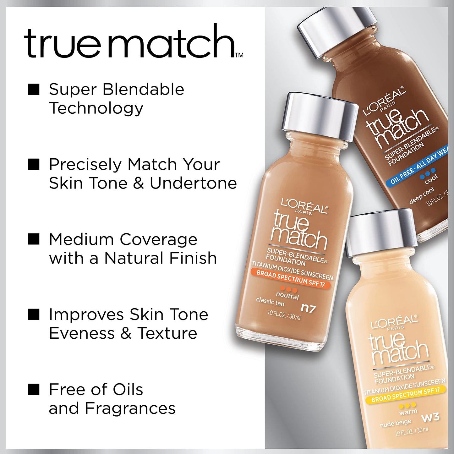 L'Oreal Paris Makeup True Match Super-Blendable Liquid Foundation, Porcelain W1, 1 Fl Oz,1 Count