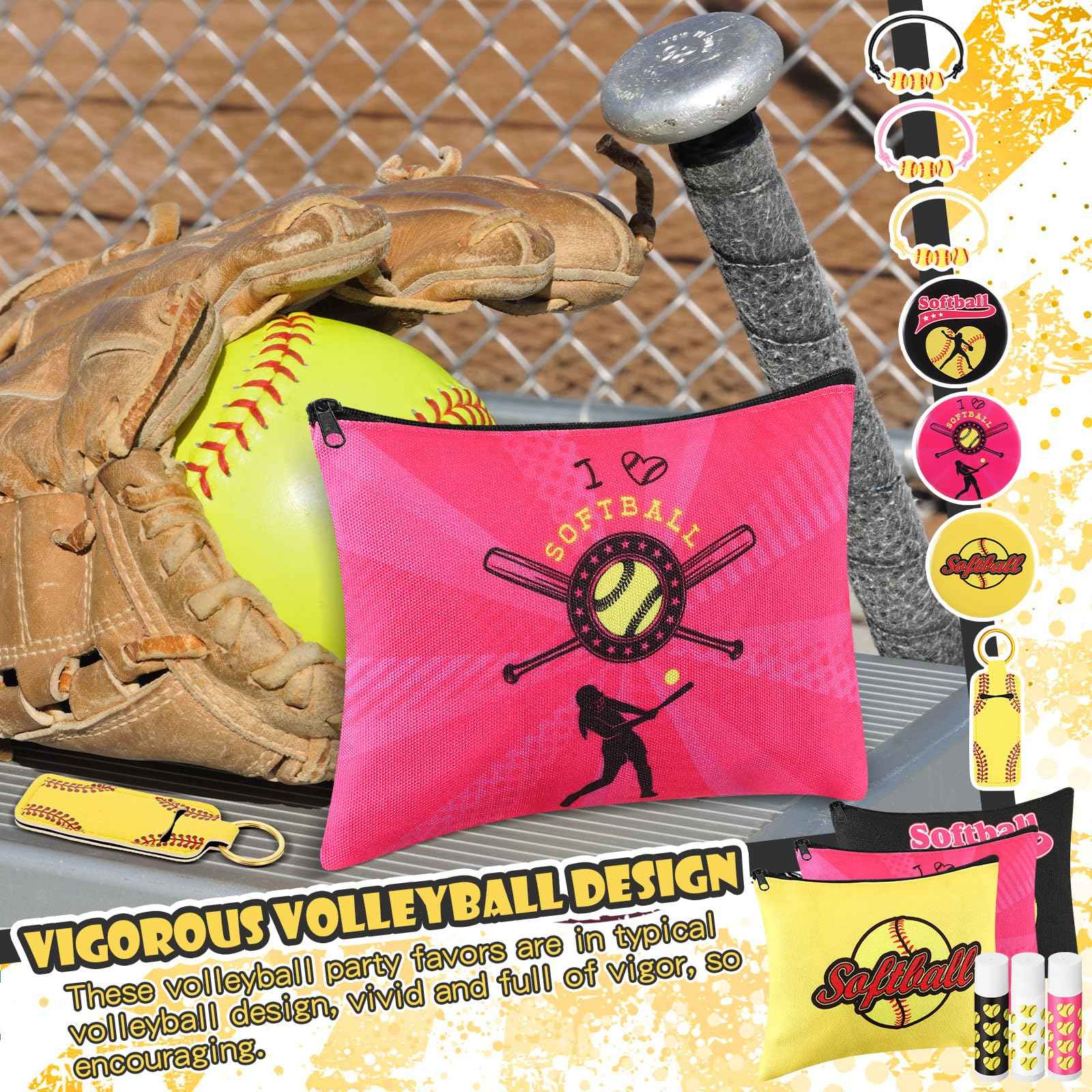Yeyeplum 60 Pcs Softball Team Gifts for Girls Include 12 Softball Makeup Bags 12 Lip Balm 12 Makeup Mirrors 12 Lipstick Holder Keychains 12 Adjustable Bracelet for Sports Lovers