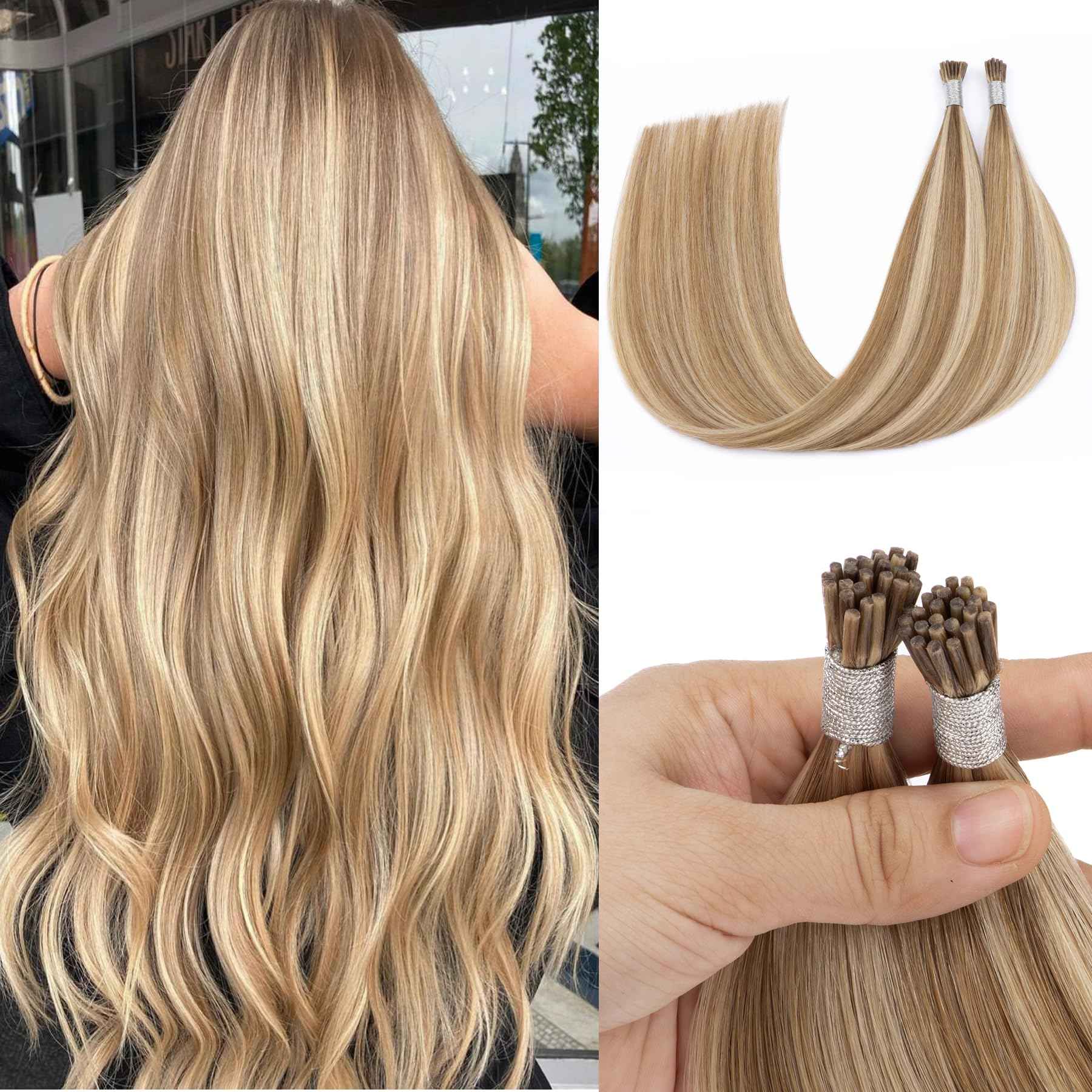 Blonde I Tip Hair Extensions 14inch Camel Brown mix with Blonde I Tip Extensions Human Hair 45g Remy Itip Human Hair Extensions Blond Human Hair Itip Extensions For Girl