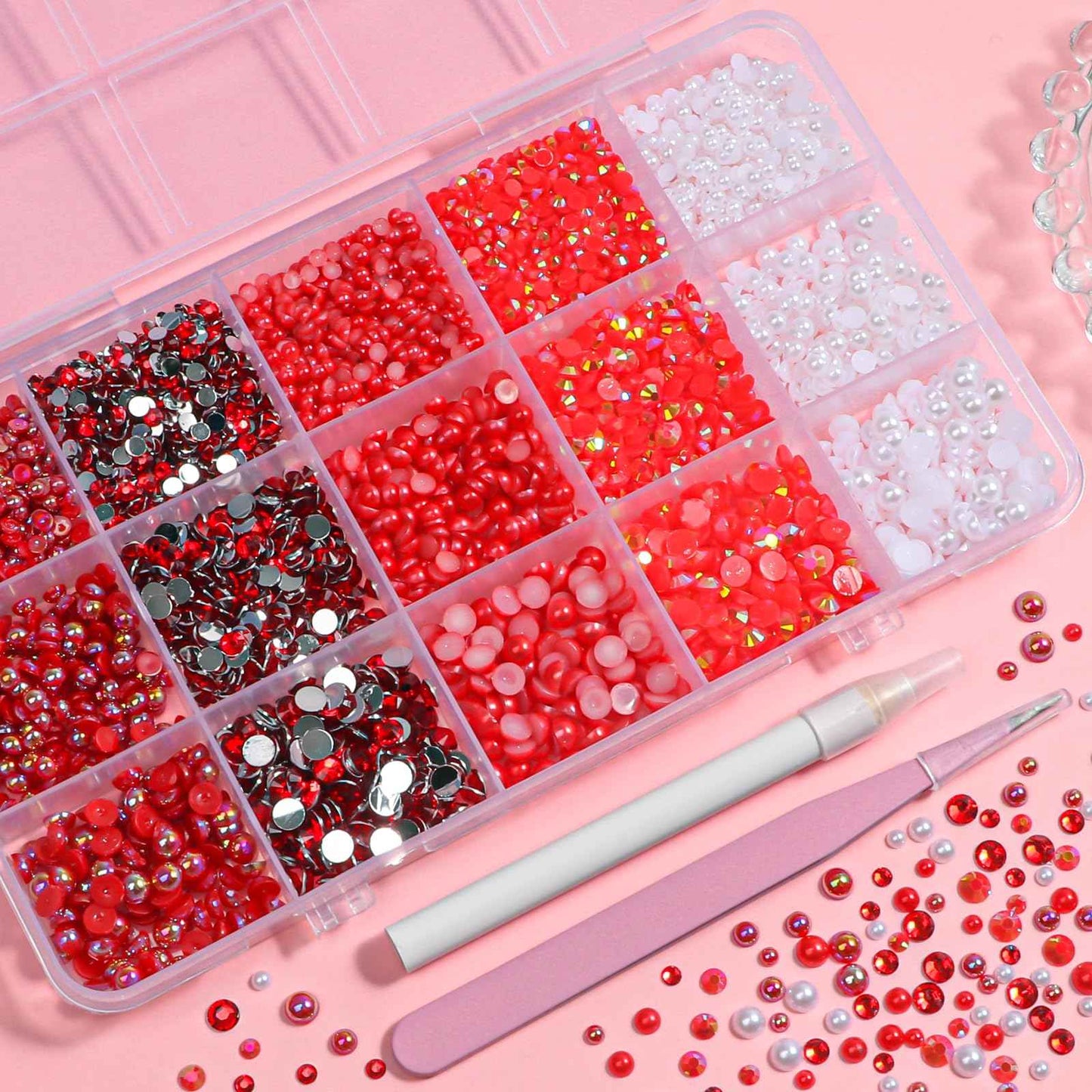 12000 Pcs Red Flatback Pearl and Rhinestones for Crafting, Mixed Sizes 3/4/5 mm Red Jelly Resin Rhinestone Pearls for Bedazzling, Half Pearls for Crafts DIY Mugs Makeup Crafts