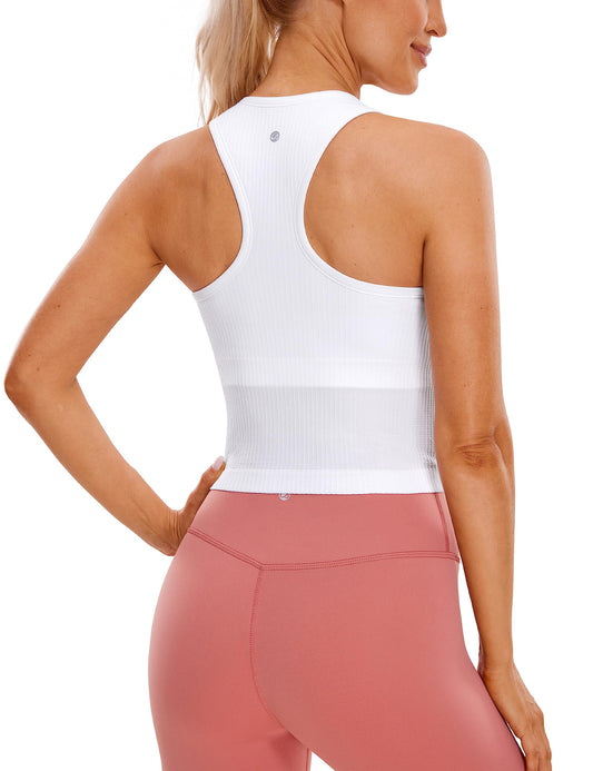 CRZ YOGA Womens Seamless Ribbed Longline High Neck Sports Bra - Racerback Padded Slim Fit Crop Tank Top with Built in Bra White X-Small