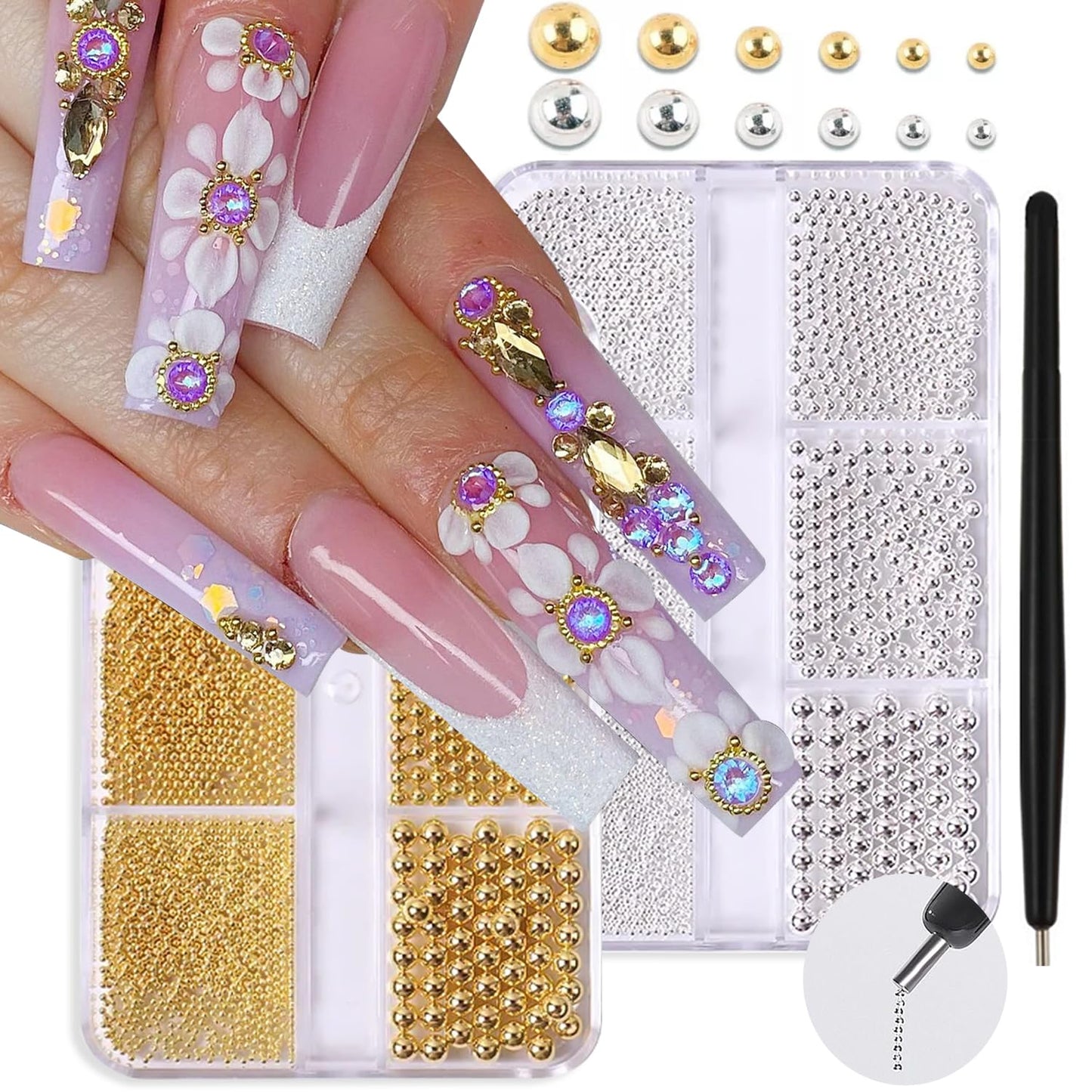 MOLILON 2 Boxes Nail Beads with Nail Magnet Picker Tool, 3D Caviar Beads for Nails Metal Nail Charms Gems Gold and Silver Steel Balls Jewels Nail Studs for Nail Art Decoration