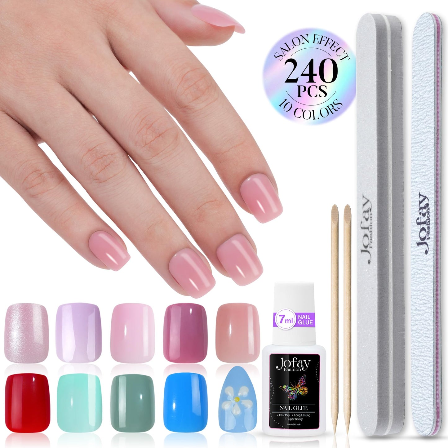 Jofay Fashion 240pcs Ombre Gel x Nails Tips Kit Short Press On Nails Square Short Solid Color Acrylic Fake Nails, Glue on Nails with Nail Glue, Star Stickers & Nail File Buffer for Nail Art DIY