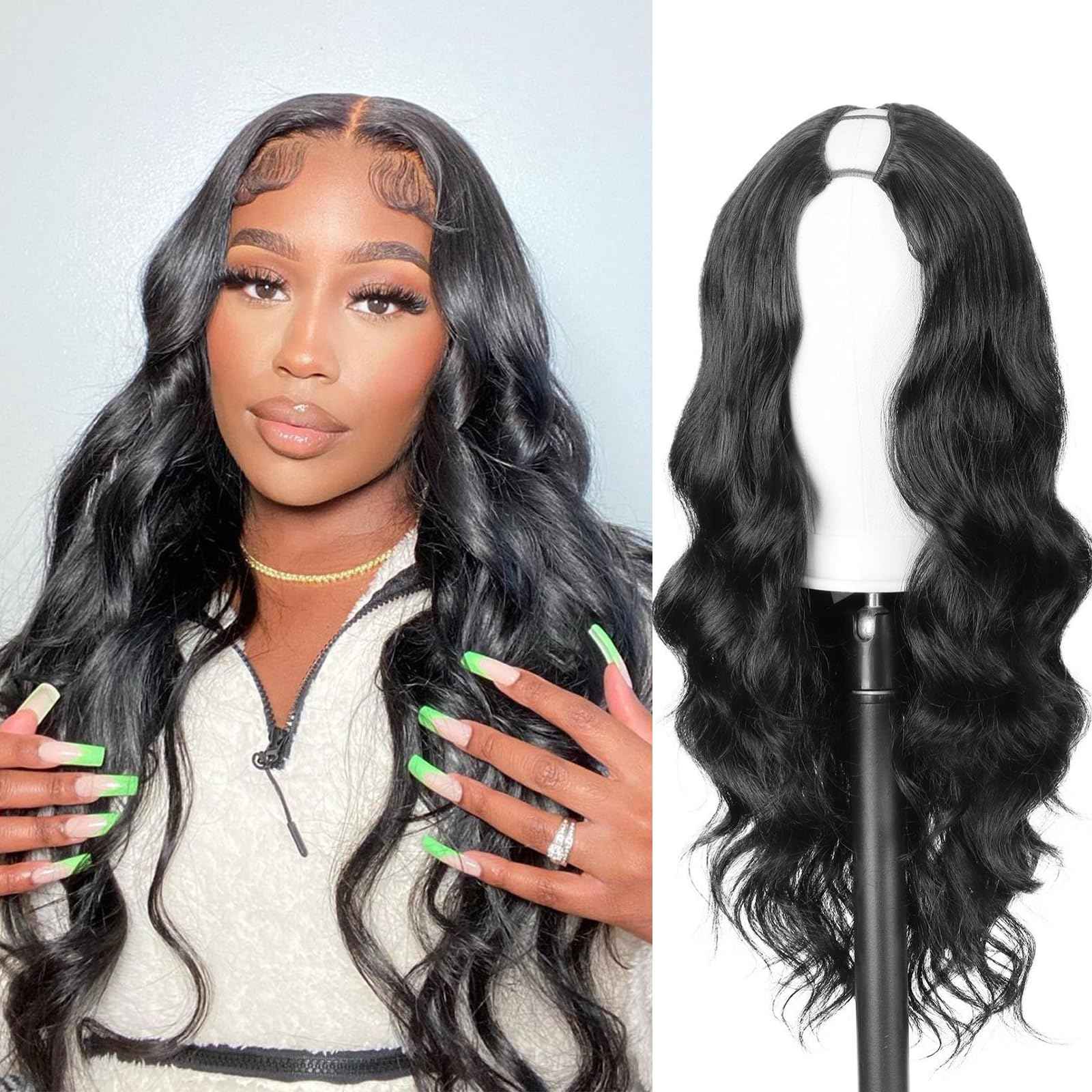 KRSI Black V Part Wig 24" Long Body Wave Synthetic U V Part Half Wigs Glueless Upgrade U Part Wig Glueless Full Head Clip in Hair Extensions for Black Women