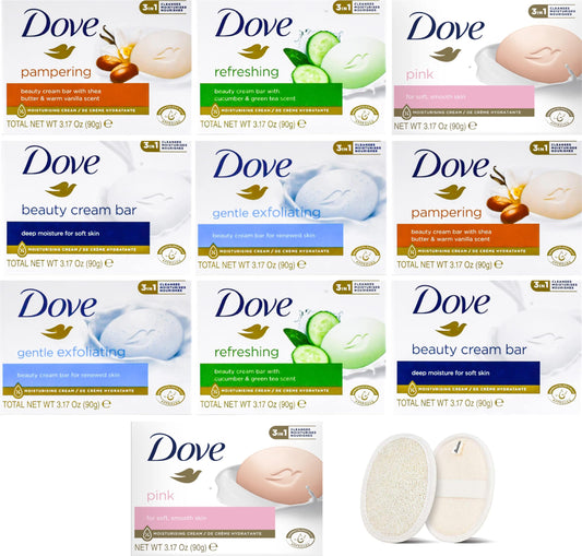 BASICOS 8Pack Dove Beauty Bar Soap Variety Set – Mild for Skin – 4 Random Scents: Exfoliating, White, Pink, Refreshing, Shea – 2 Bars Each (3.17oz) – Plus Loofah Sponge