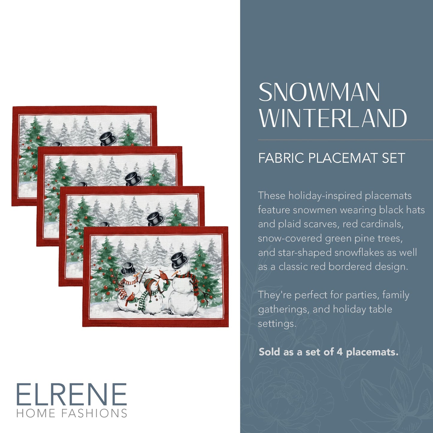 Elrene Home Fashions Snowman Winterland Holiday Snowflake Placemats, Set of 4, 13 Inches x 19 Inches