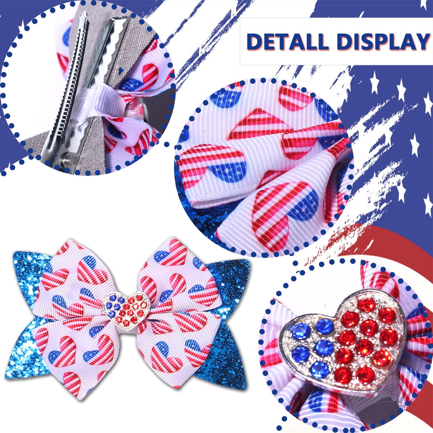 4th of July Bows Hair Clips, 4th of July Hair Accessories for Women Girls 2Pcs Patriotic Bows Hairpins Blue Sequins Barrette Red White and Blue Accessories