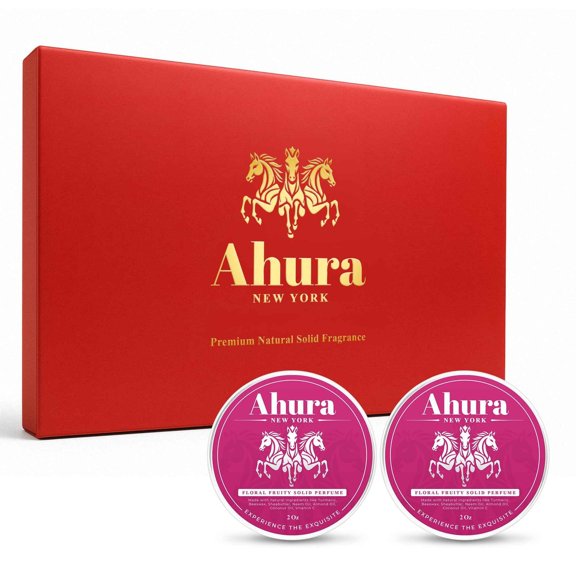 Ahura Herbal Natural Floral Eau de Parfum, Solid Perfume Balm, with notes of with Iris, Patchouli, Warm Vanilla & Spun Sugar, No Alcohol, Cruelty-Free, Sensual, 2 oz (2 Pack Holiday Gift Box)