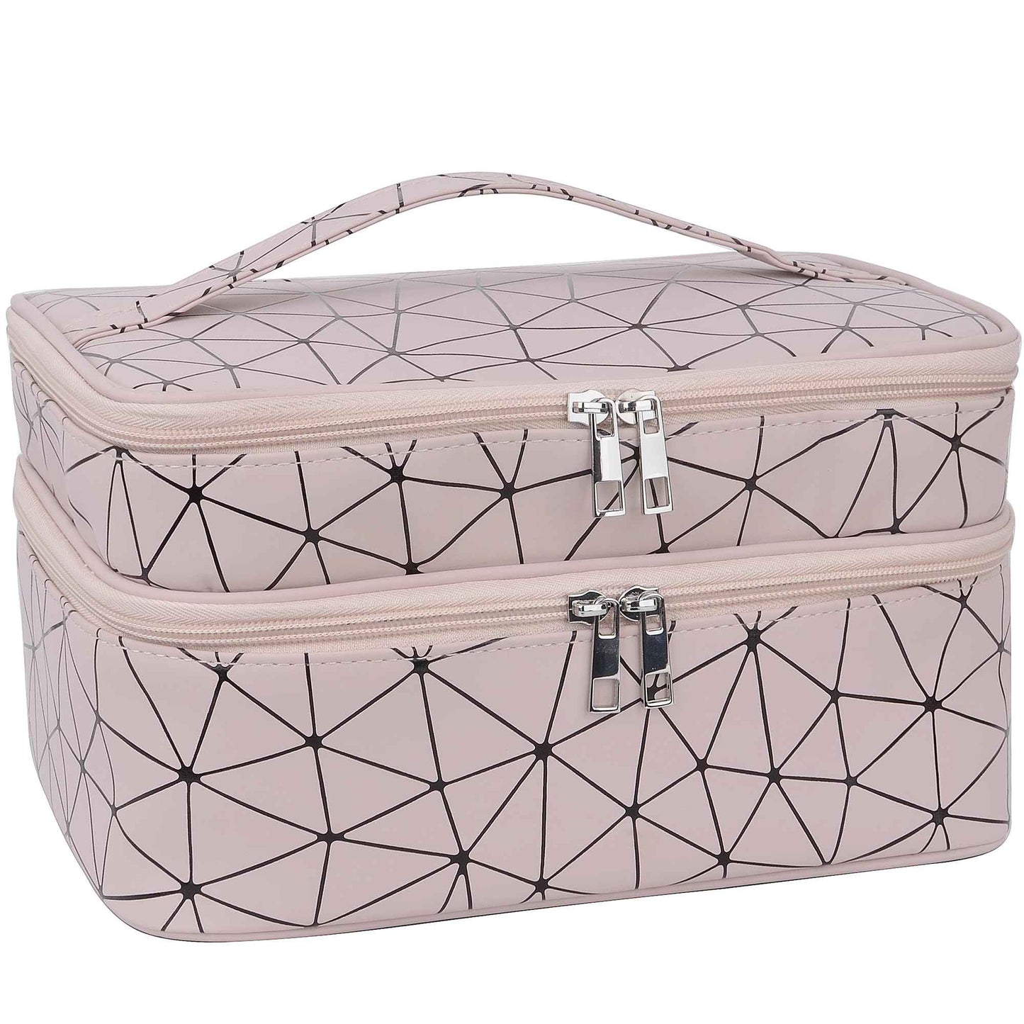 MKPCW makeup bag large Double-layer cosmetic bag with brush bag and divider (Pink+ three dividers)
