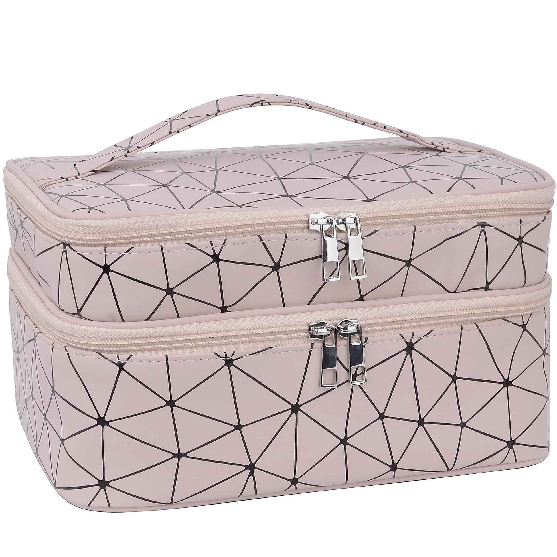 MKPCW makeup bag large Double-layer cosmetic bag with brush bag and divider (Pink+ three dividers)