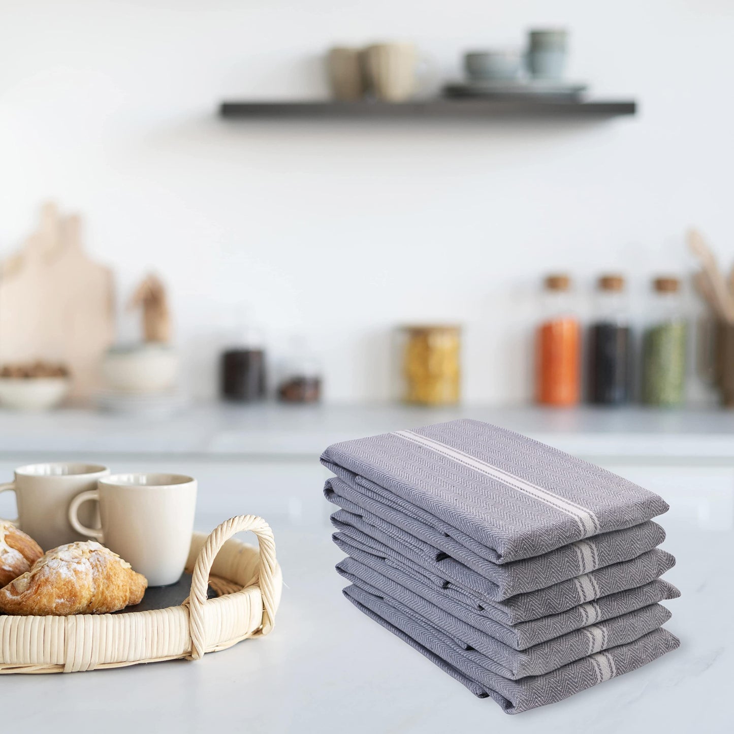 LANE LINEN Kitchen Towels Set - 100% Pure Cotton Dish Towels for Kitchen, Super Absorbent Kitchen Hand Towel, Grey Tea Towels, Soft & Durable Dish Cloths, Pack of 12 – 15”x25”, Grey Chambray