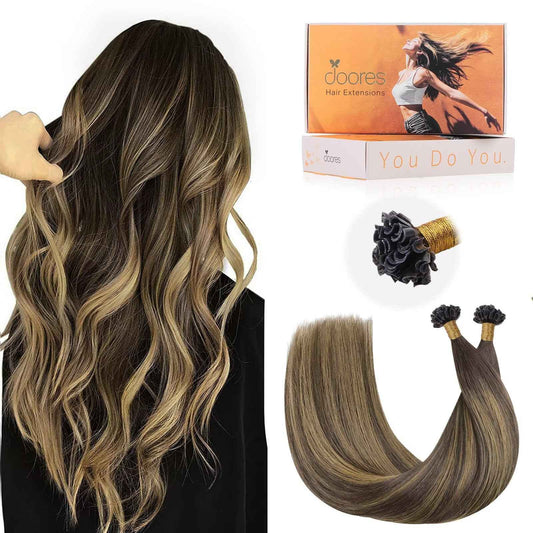 DOORES U Tip Hair Extensions Human Hair, Chocolate Brown to Caramel Blonde 18 Inch 50g/50s, K Tip Extensions