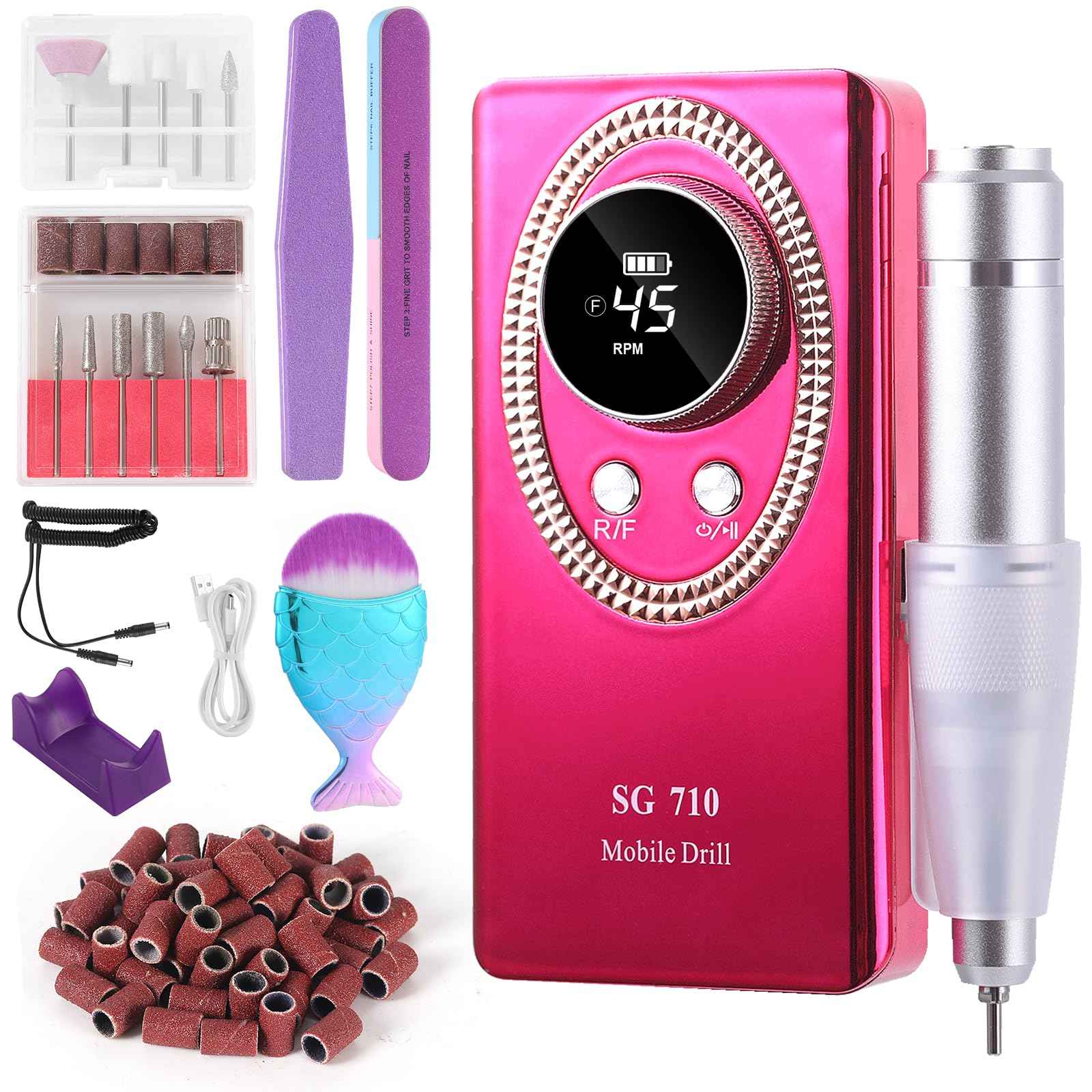 Nail Drill Machine Electric 45000RPM Rechargeable Portable Nail Drill Kit DIY Nail File Electric with Smart LCD Screen for Gel Nail Manicure and Pedicure Reflective Body etc(Crimson)