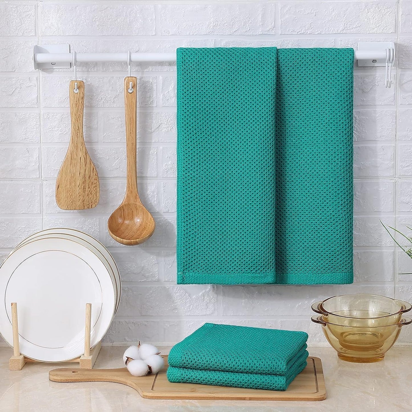 Kitinjoy 100% Cotton Kitchen Towels and Dishcloths Set, 8 Pack Waffle Weave Dish Towels Ultra Soft Absorbent Quick Drying Dish Rags, 13 x 28 Inch and 12 X 12 Inch, Teal