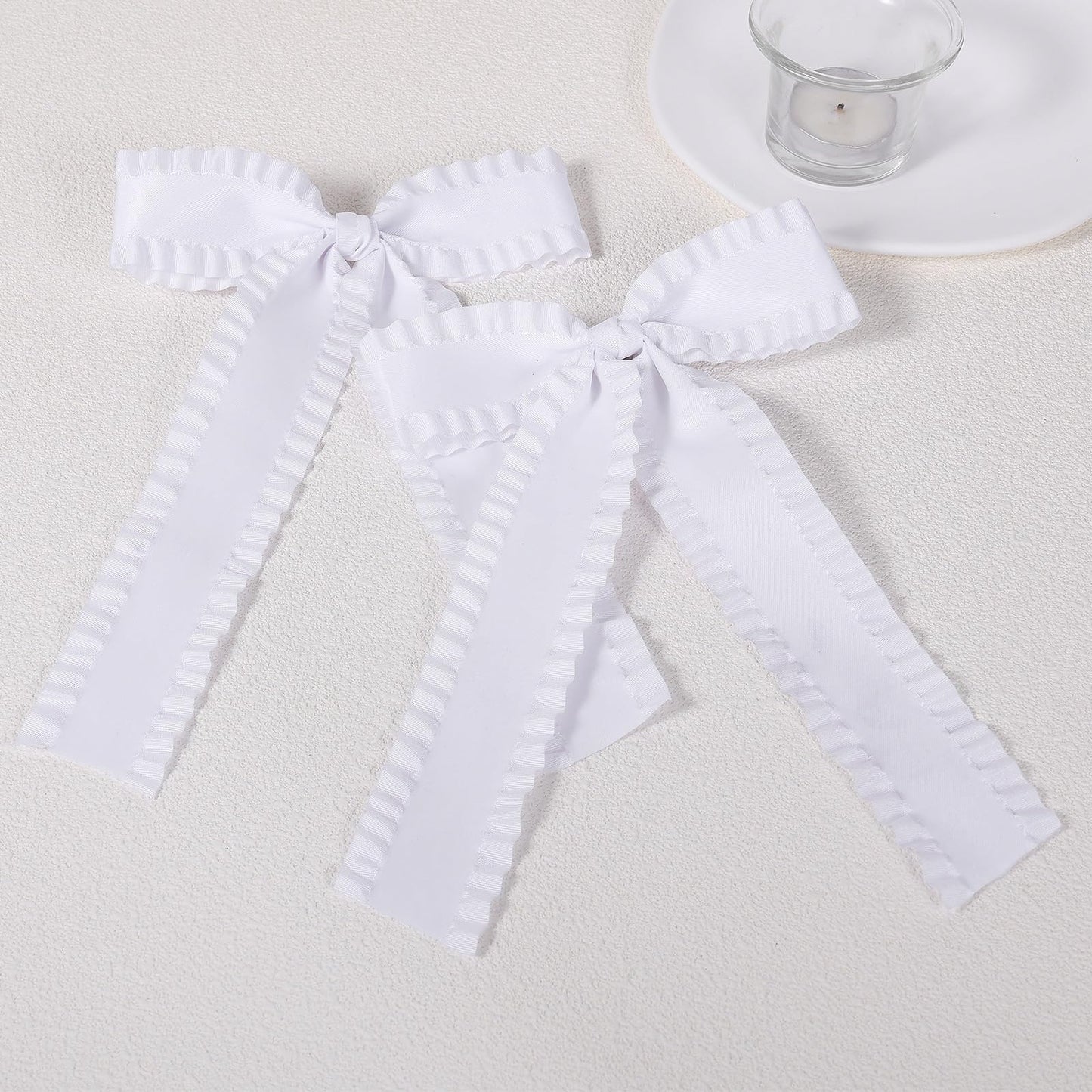 2Pcs Ruffle Ribbon Hair Bows for Women Girls,Big White Silky Satin Tassel Bowknot Hair Clips Barrettes with Long Tail Toddler Teens Kids Ponytail Holder Decor Accessories 5.5in