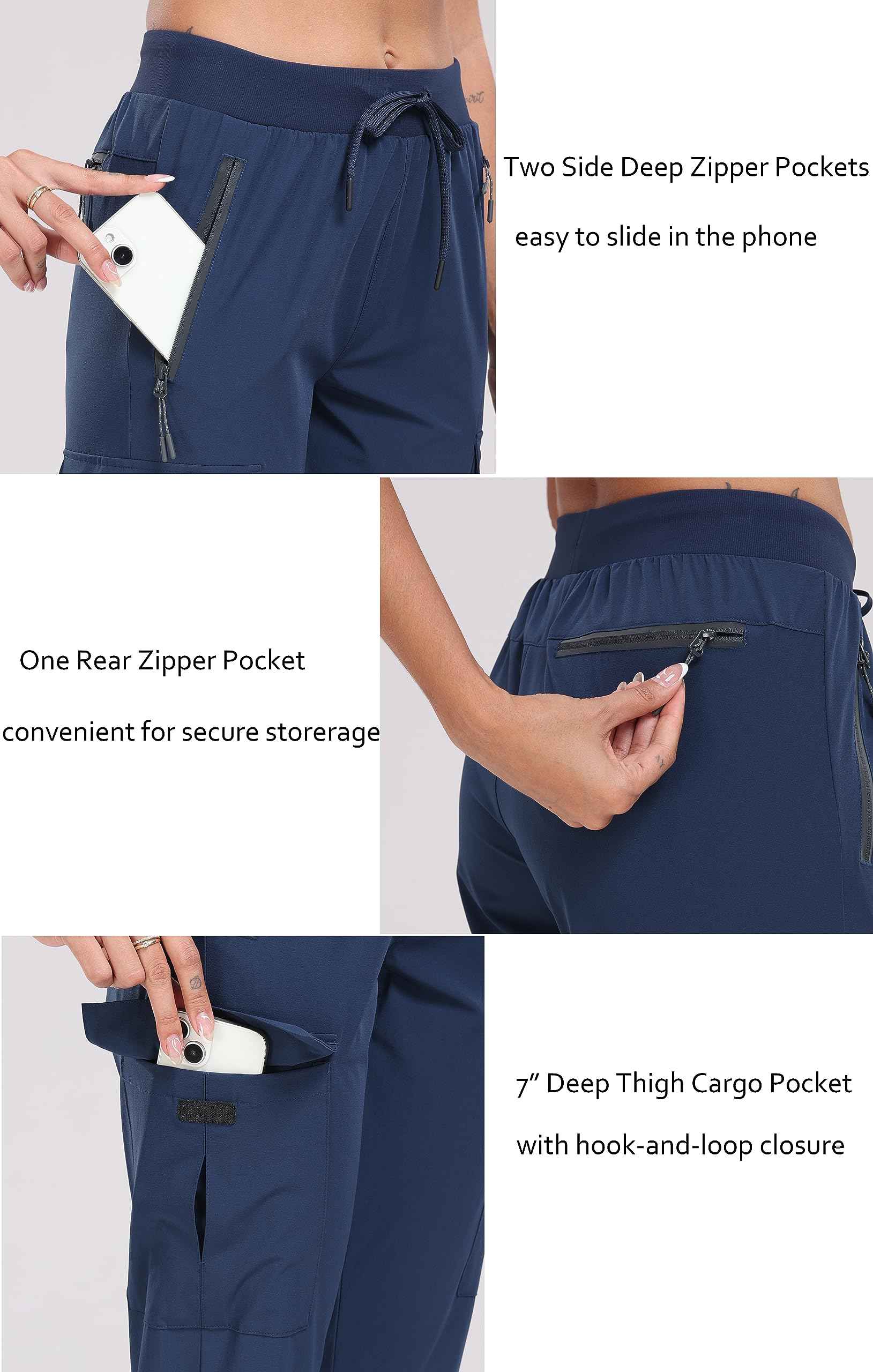 Oalka Women's Cargo Hiking Pants Lightweight Travel Pockets Joggers Quick Dry Navy Blue 2XL