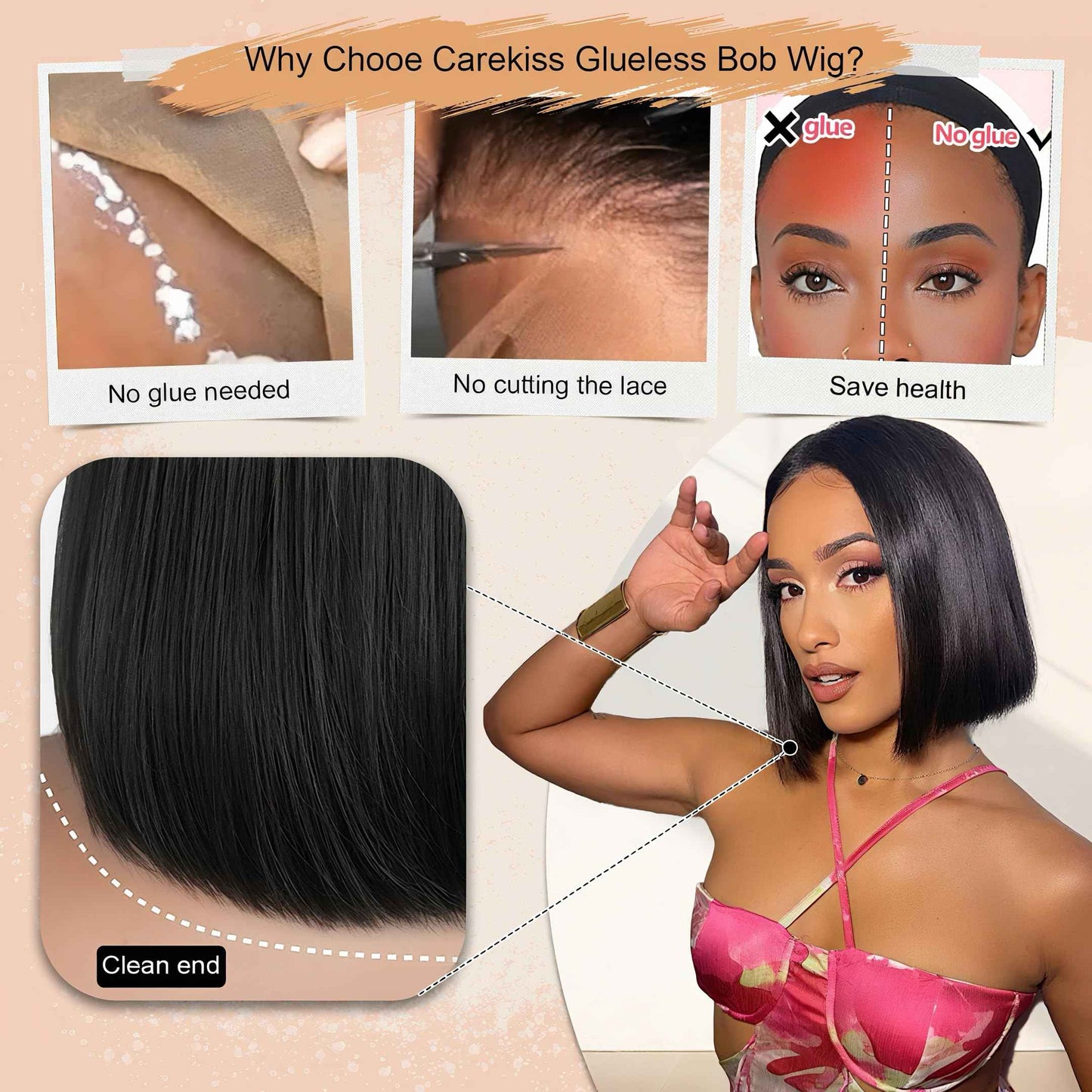 CAREKISS Bob Glueless Wigs Human Hair Pre Plucked Pre Cut 150 Density Wear and Go Glueless Wig 4x4 HD Straight Lace Closure Bob Wigs for Black Women 14inch