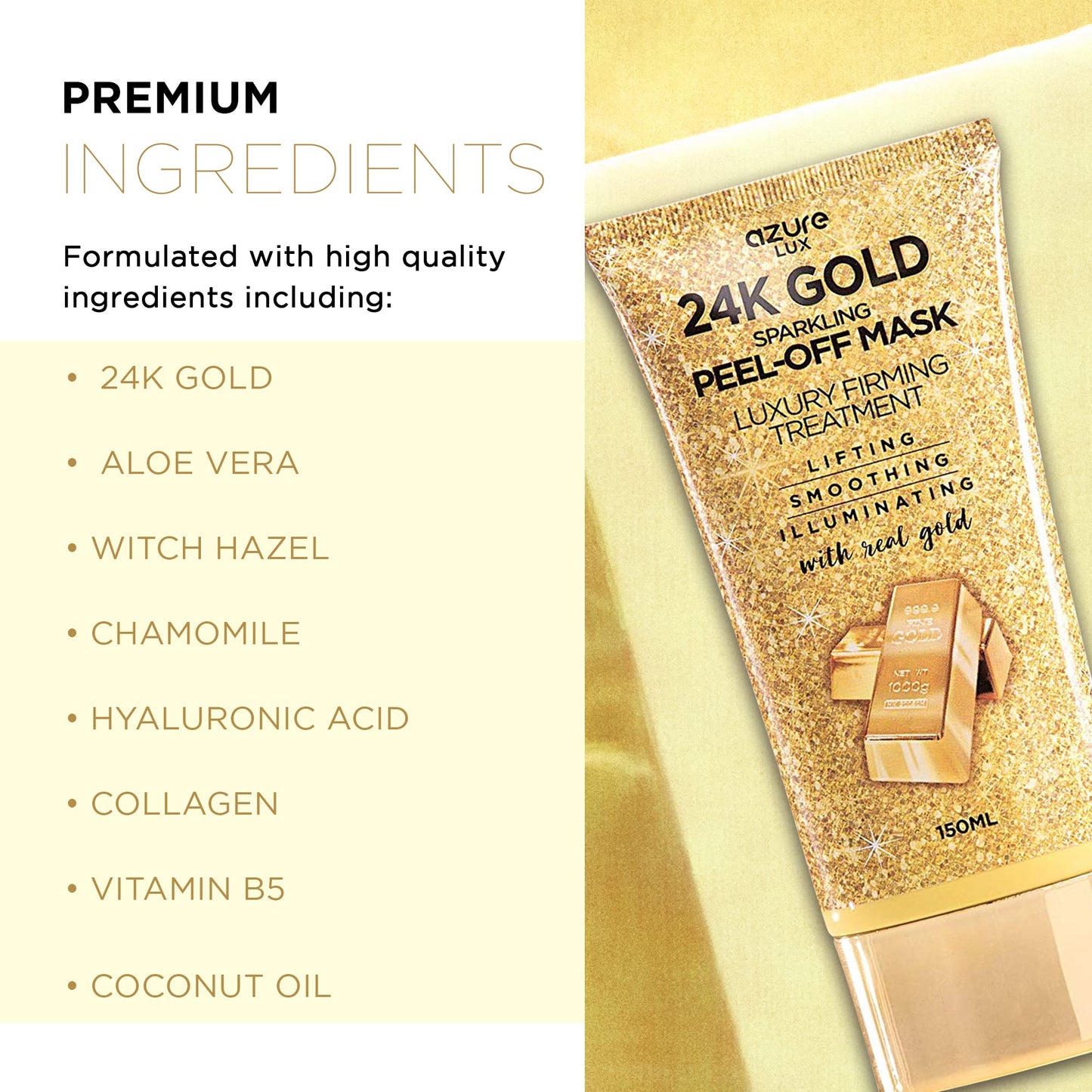 AZURE 24K Gold Firming Peel Off Face Mask- Anti Aging, Lifting, Illuminating & Revitalizing - Removes Blackheads, Dirt & Oils - With Hyaluronic Acid and Collagen - Skin Care Made in Korea - 150mL