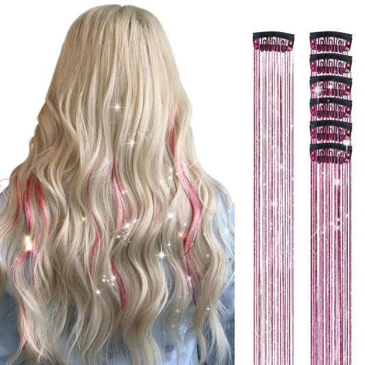 DOORES Hair Tinsel Kit 6 Pcs Tinsel Hair Extensions, 24 Inch Fairy Hair Accessories Dazzle Hair Sparkle Strands Shiny Glitter Hair Extensions Pink Hair Clip ins Hair Tinsel Kit for Girls (Pink)